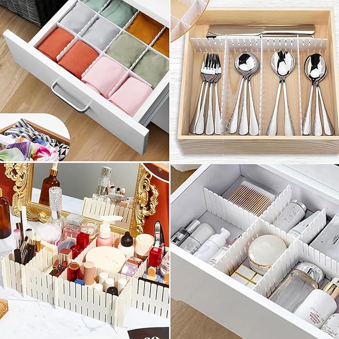 16Pcs Drawer Dividers Organizers Adjustable Drawer Organizer Kitchen Tidying DIY Storage Organizer Separator for Socks Underwear Lingerie Makeup Bedroom Office Storage (16Pcs White Color)
