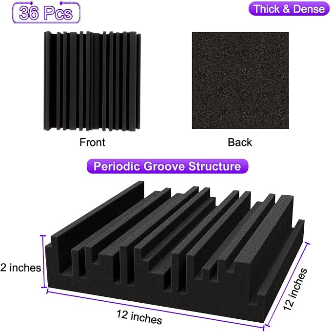 TroyStudio Groove Acoustic Foam Panels, 36 Pcs 2 Inches 12 X 12 Broadband Sound Absorbing Foam, Dense Soundproof Padding Tile, Recording Studio Foam Absorber, Groove Decorative 3D Wall Ceiling Panel