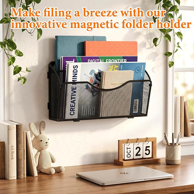Magnetic File Holder 2 Tier Magnetic File Folder Organizer Folding, Office Hanging Magazine Rack for File Cabinets, Magnetic Paper Holder, No Drilling Mail Organizer for Refrigerator, Office