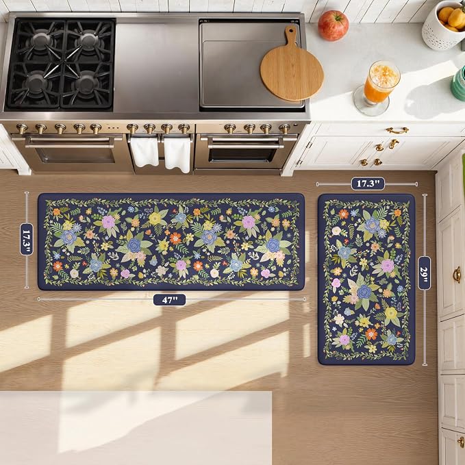 KIMODE Anti Fatigue Kitchen Mats for Floor,Farmhouse Rugs for Kitchen Floor | Cushioned Kitchen Floor Mat Non Slip, Comfort Standing Mat for Laundry Office Bath Sink Desk Dormitory Blue 17"x47"+17"x29"