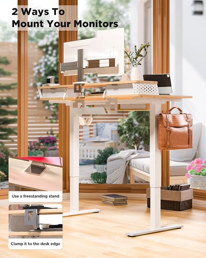 FiCiHi Electric Standing Desk with Four Drawers, 40 x 24 Inch Adjustable Height Sit Stand Desk, C-Clamp Compatible Home Office Desk with Storage Shelf & Monitor Stand Riser, Maple