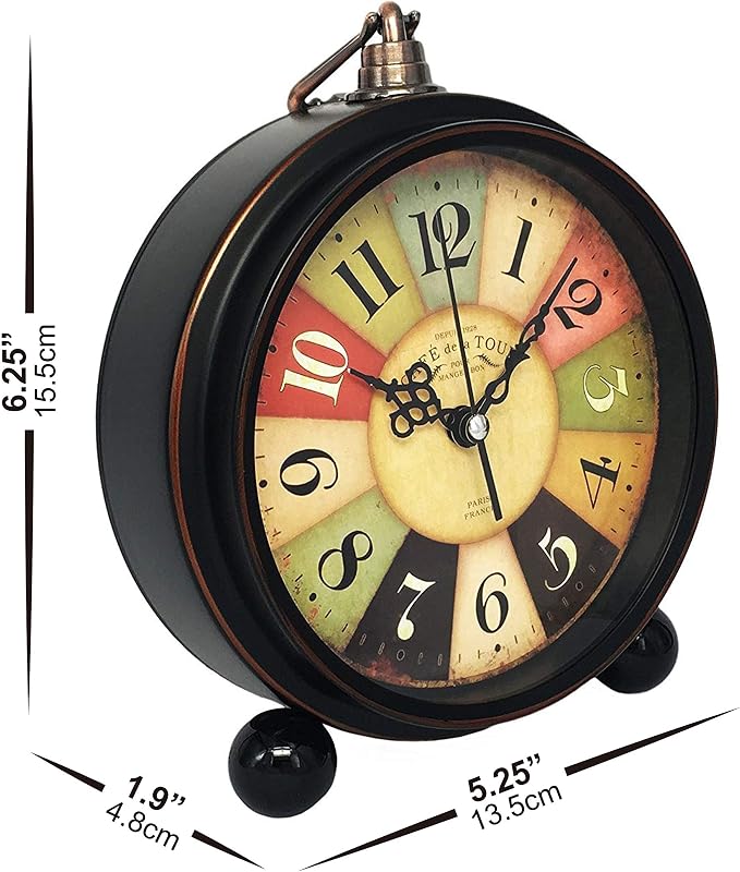 Vintage Analog Alarm Clock, Tuscan Style, 5.25inch | Small, Silent Desk Clock, Night Light, Battery Operated, Table, Bedroom, Bedside, Living Room, Gift Clock