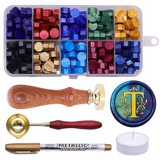 SWANGSA Initial Alphabet T Wax Seal Stamp Kit, Classic Retro Letter Sealing Stamp with 200pcs Sealing Wax Beads Kit for Wedding Invitations Cards Envelopes (T)