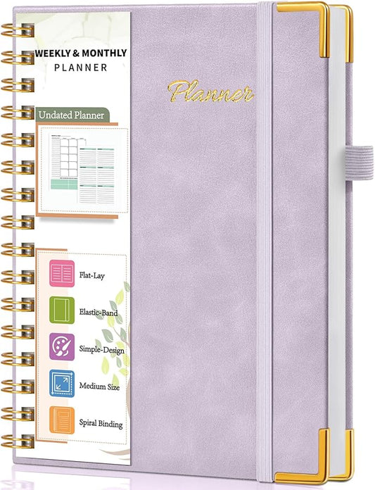 Undated Weekly Planner, Hardcover Leather Weekly & Monthly Calendar Blank Planner, To Do List Notebook with Goal & Habit Tracker Organizer, A5 Daily Planner with Spiral Binding, Ideal for Work School Home, Purple