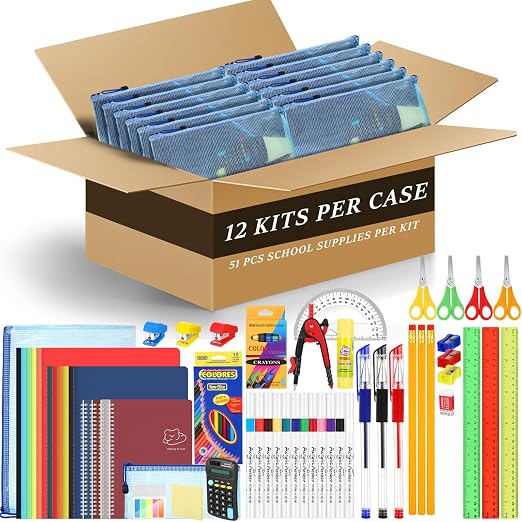 SATINIOR 12 Set Back to School Student Supplies Bulk Set Middle High College Student Supplies Essentials with Folders Notebooks Pens Calculator for Gift Donation