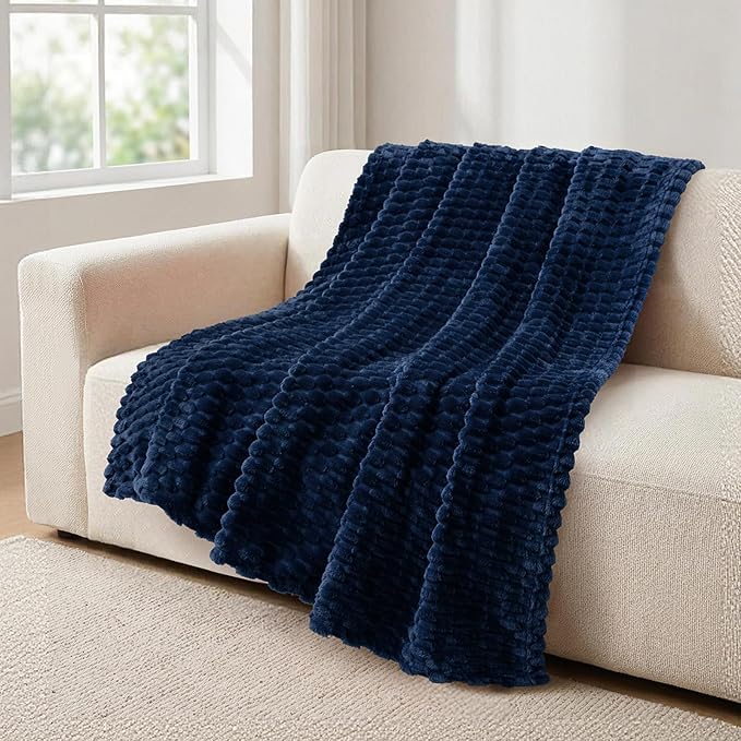 Vessia Flannel Fleece Throw Blanket(50x70 inch), 3D Jacquard Navy Fuzzy and Warm Blanket for Couch, Sofa, Bed, Chair, 300GSM Super Soft Touch Cozy Lightweight Throw for All-Season Home Decor