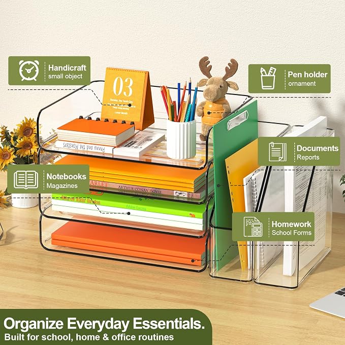 FANXIYQ 4-Tier Acrylic Paper Tray Organizer with Bookends, Paper Organizer | Tool-Free Stackable 1-4 Tier Design with 2 Bookends for Files, Folders and A4 Paper; For School, Home Office and Study Room