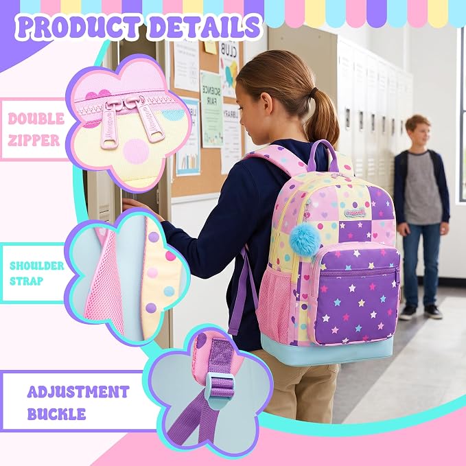 Kids Backpack for Girls 6-8,Girls Backpack for School,Kids Bookbag with Lunch Box,Pink Bookbag for Elementary Girl with Padded Straps