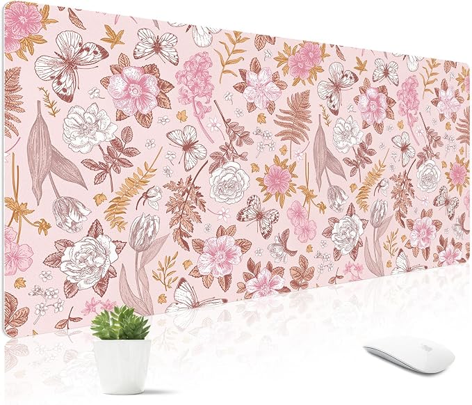Mouse Pad Leather Desk Mat Large Keyboard Cute Office Desktop Computer Laptop XXL Long Big Aesthetic Modern Design Women Girls Gaming Gamer Oversized Wide Mousepad 31.5"x15.7", Pink Floral