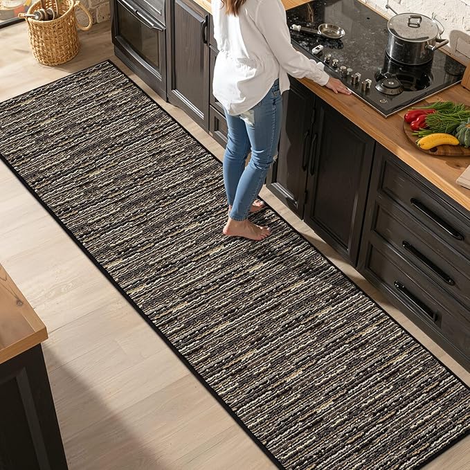 Kitchen Runner-Non Slip Kitchen Mats for Floor-Thick Stain Resistant Vintage Kitchen Floor Rug Runner Carpet for Hallways Entryway Laundry Room Washable（Black 24"x79"）