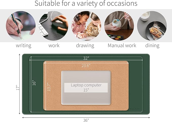 RENMTURE Dual-Sided Mouse Pad, Natural Cork & PU Leather Large Desk Pad for Office and Home Work, Desk Protector Non-Slip, Waterproof, Easy Clean (Dark Green, 23.6" x 13.7")