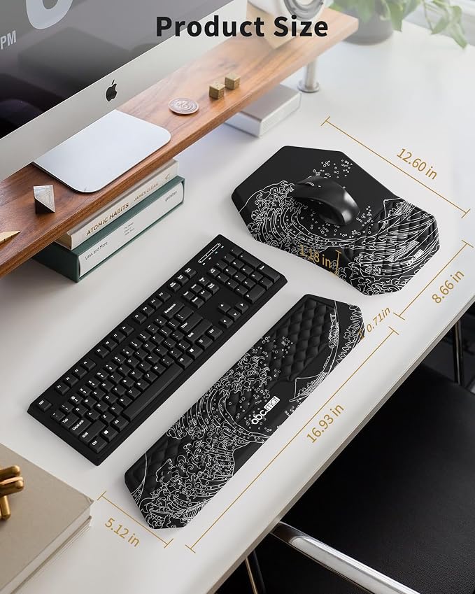 Ergonomic Mouse Pad and Keyboard Wrist Rest Support Set, Massage Design Mousepad for Carpal Tunnel Pain Relief, Memory Foam, Non-Slip PU Base for Computer Desk, Kanagawa Japanese Sea Wave