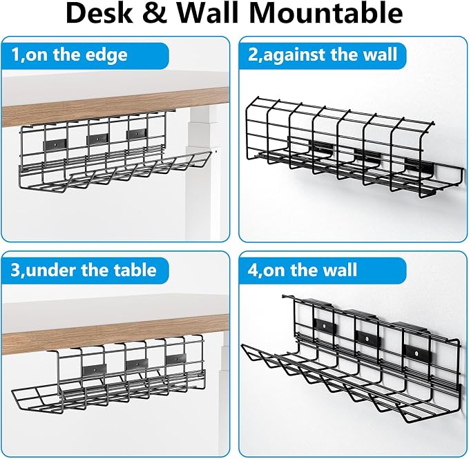 2 Pack DELAMU Under Desk Cable Management Tray, Metal Cord Cable Organizer for Desk, Easy Install Pre-drilled Wire Management Wire Organizer for Office & Home