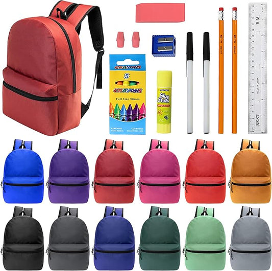 Moda West 17 Inch Bulk Backpacks with 16 Piece School Supplies Kits - Pens, Pencils, Crayons - Case of 12 Wholesale Backpacks in 12 Assorted Colors