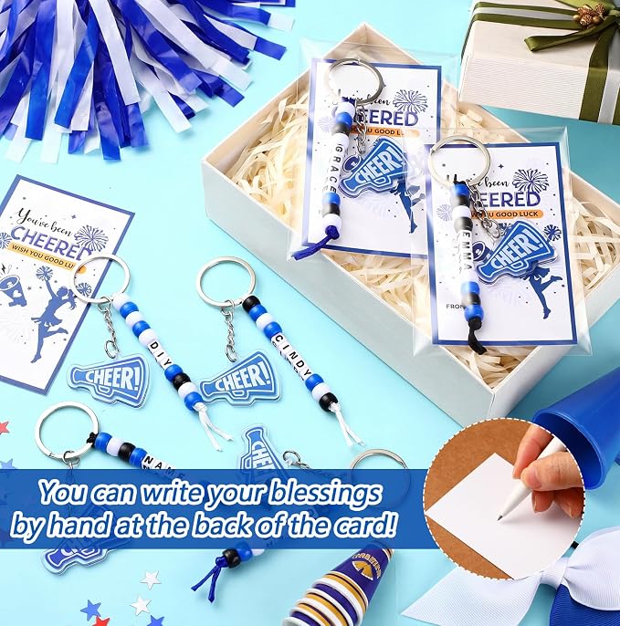 Suncalla 996 Pcs 24 Set Cheer Keychain Making Kit DIY Key Chain Crafts Cheerleader Gifts Cheerleading Bag Charms Adjustable Letter Beads Cards Strings Blue Kit for Backpack Team Gift Sport Accessory