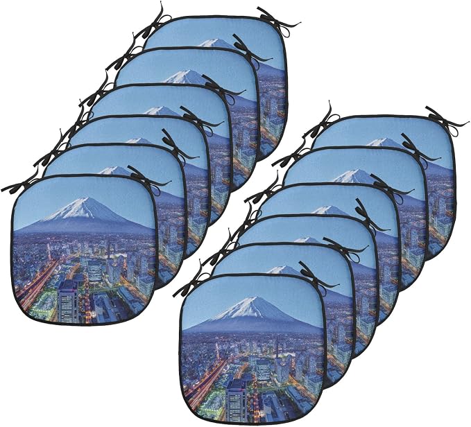 Lunarable Scenery Chair Cushion Pads Set 12, Skyline of Mt. Hill and Yokohama Japan Financial District Mountain Volcano Landscape, Anti-Slip Seat Padding for Kitchen & Patio, 16"x16", Blue