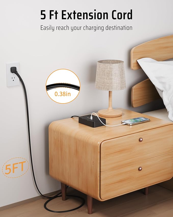 DEPOW Surge Protector Power Strip with Flat Plug, 5 FT Extension Cord with 6 AC Outlets 4 USB Ports(2 USB-C),1050J Surge Protection, Wall Mountable Charging Station for Office, Home, Black