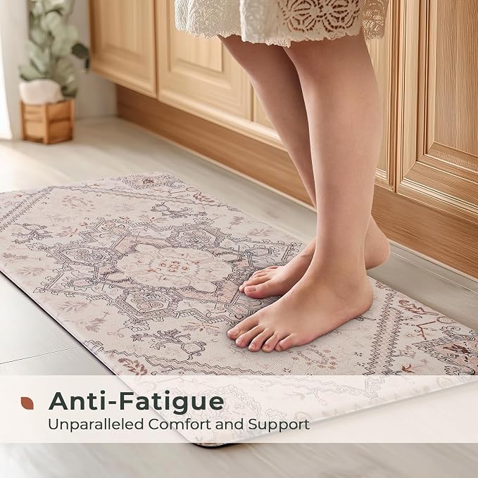 FRESHMINT Boho Kitchen Mat Set 2 Piece, 17x30''+17x47'', Natural Beige | Anti-Fatigue, Non Slip, Comfort, Kitchen Decor, Easy to Clean, Waterproof, Perfect for Kitchen, Laundry, Office