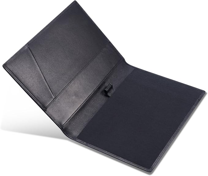 HISCOW Slim Leather Junior Padfolio, 5x8 Notepad Cover, Classic Black | Italian full-grain cowhide, top-loading legal pad holder, rigid pen loop, quick-access card slot, zipperless boardroom design