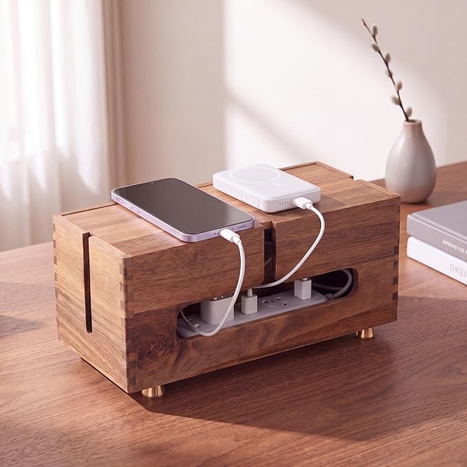 Novabright Acacia Wood Cable Management Box Cable Organizer with 4 Metal Feet Cord Hider Organizer for Power Strip Electrical Hiding, TV Wires, Desk Floor Cables, Under Desk Cables Box for Wire