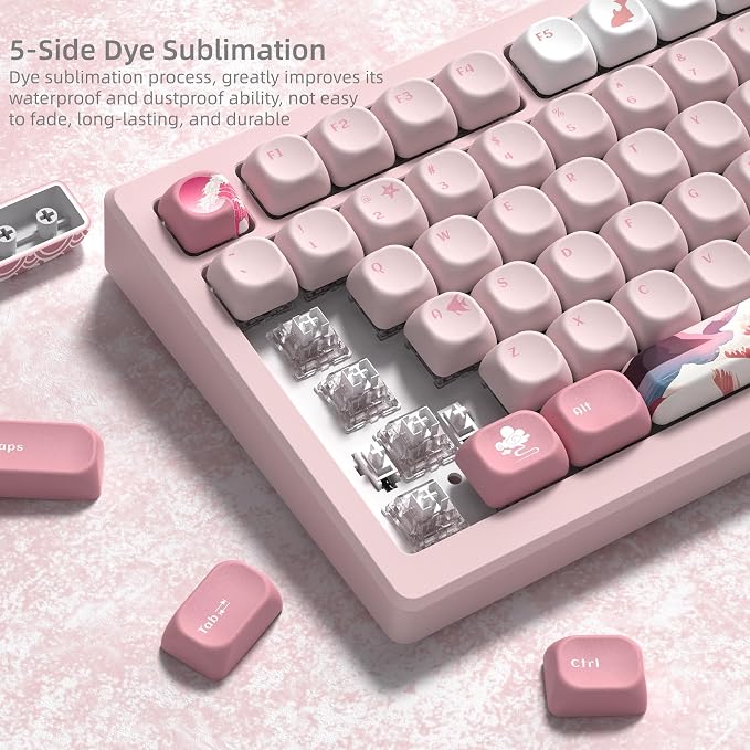 Womier Pink Cute Keycaps Kanagawa, PBT Keycaps for Mechanical Keyboard Dye-Sublimated Sakura Anime Theme, MOA Profile 126-Key Set for 60 65 75 100 Percent Keyboards