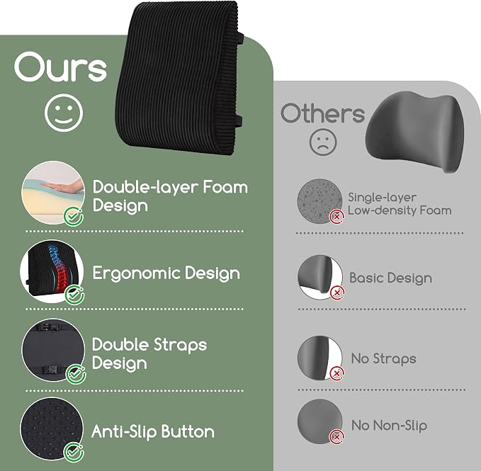 Ergonomic Lumbar Support Pillow for Lower Back Pain Relief, Corduroy Cover Back Support Cushion with Adjustable Straps, Large Size Lumbar Pillow for Office, Gaming & Home Essentials, Large, Black