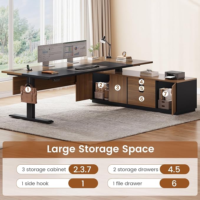 SEDETA Executive L Shaped Electric Standing Desk, 71" Height Adjustable Executive Desk with 3 Drawers and Cabinet, Sit Stand Up Home Office Desk with Power Outlets & Side Hook, Brown