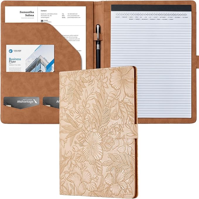Mymazn Padfolio Portfolio Binder, Faux Leather Interview Resume Folder with Document Organizer & Business Card Holder, Letter-Sized Notepad Legal Pad Holder for Women Men (Light Brown)