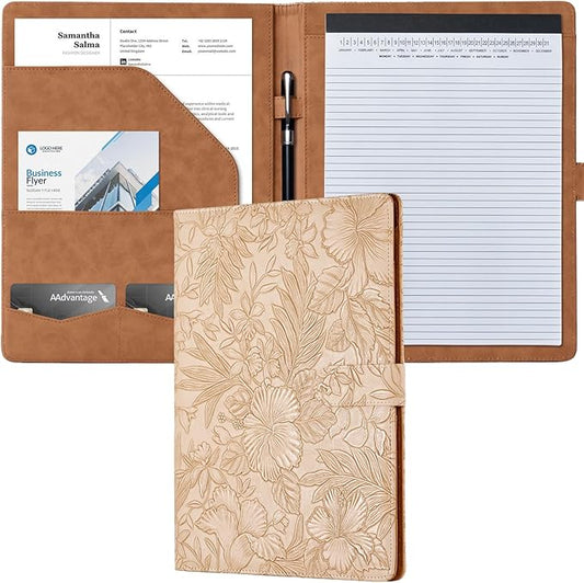Mymazn Padfolio Portfolio Binder, Faux Leather Interview Resume Folder with Document Organizer & Business Card Holder, Letter-Sized Notepad Legal Pad Holder for Women Men (Light Brown)
