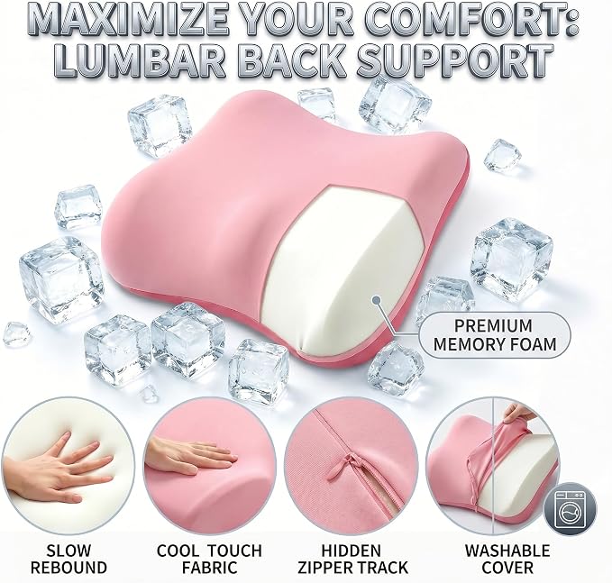 Lumbar Support Pillow, Ergonomic Memory Foam Back Cushion for Car Office Chair Gaming Chair, Washable Cool-Touch Cover for Lower Back Support (Pink)