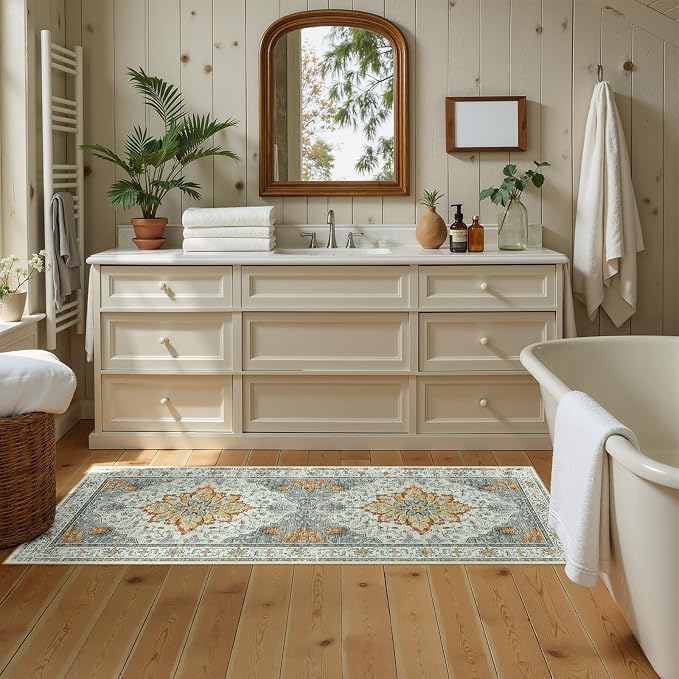 RELEANY Area Rugs Runner 2'x5' Washable Non-Slip, Floral Vintage Distress Medallion Carpet for Kitchen Hallway Bedroom Beside Laundry Room Bathroom, Beige Carbon Grey Orange