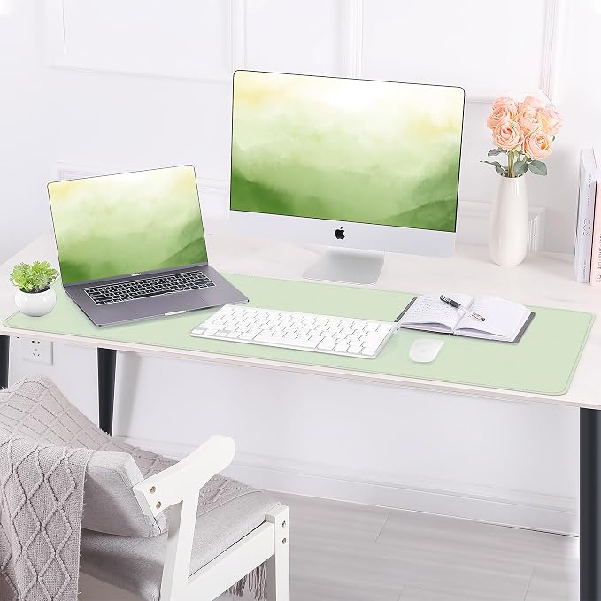 AFIING Leather Desk Pad Protector, Large Desk Mat with Natural Cork & PU Leather, Mouse Pad, Non-Slip, Waterproof Desk Writing Pad for Office and Home, Light Green