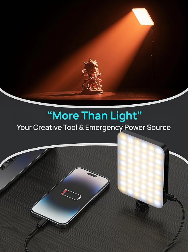 91 LED Portable Charger Selfie Light Video Conference Lighting | Clip & Camera Tripod Adapter, Rechargeable 2000mAh, CRI 96+, 4 Light Modes, For Phone iPhone Webcam Laptop Makeup