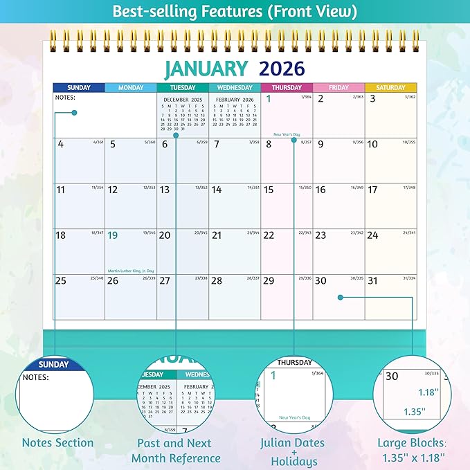 Desk Calendar 2026 - Standing Flip Desktop Calendar 2026, 12 Months Jan 2026 - Dec 2026, 11" x 8.5", Large with Notes, To-Do, Yearly Overview, Thick Paper, Great for Easy Planning - Multicolor