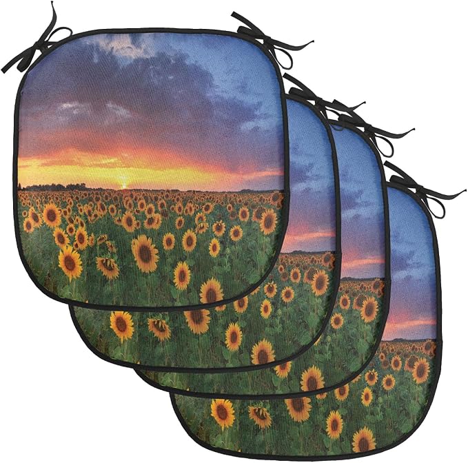 Lunarable Sunflower Chair Cushion Pads Set of 4, Field of Sunflowers Sunset Dramatic Sky Clouds Scenic Picture, Anti-Slip Seat Padding for Kitchen & Patio, 16"x16", Fern Green Sky Blue