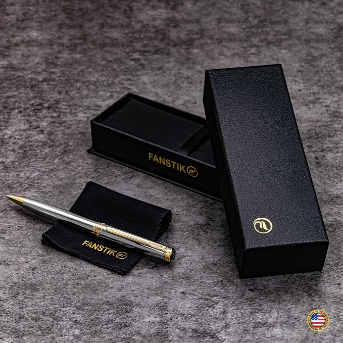 FANSTIK Customized Silver&Gold Luxury ballpoint pen, fancy gift set for women, Real 24K Gold Plating, Professional executive pen gift set for men (Lux Custom-BallPoint Silver-Gold)
