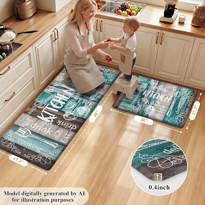 HEBE Anti Fatigue Kitchen Rugs Set of 2, Cushioned Kitchen Mats for Floor | Non Slip Farmhouse Kitchen Rug and Runner Set, Waterproof Comfort Kitchen Floor Mat Carpet for Sink, Standing Desk, Laundry
