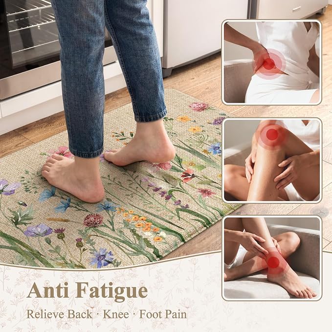 KIMODE Anti Fatigue Kitchen Mat, 17"x47"+17"x29" Floral Kitchen Rugs Sets of 2, Farmhouse Kitchen Floor Mats Non-Slip Cushioned, Comfort Standing Desk Mat for Sink, Laundry,Home Brown