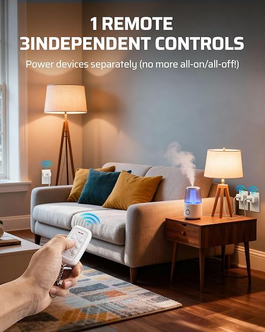 DEWENWILS Indoor Remote Control Outlet, Wireless Remote Outlets Switch, No Interference, 15A/1875W, 100FT RF Range, Compact Light Switch for Lamp,1 Remote 3 Outlets