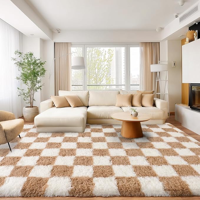 Area Rugs for Living Room 9x12, Ultra Fluffy Shag Checkered Rug Modern Washable Carpet Soft Shaggy Non Slip Indoor Plush Fuzzy Rugs for Bedroom Dorm Office Home Aesthetic Decor, Cream and Camel