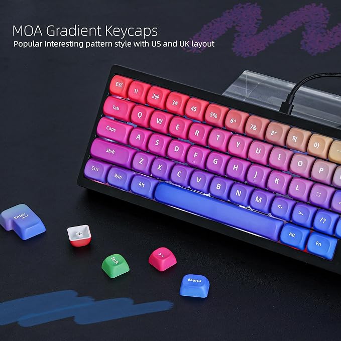 Womier Rainbow PBT Keycaps, Gradient Custom Cute Keycaps for Mechanical Keyboard Dye-Sublimated, MOA Profile Keycap Set for 60 65 75 100 Percent Keyboards, Purple
