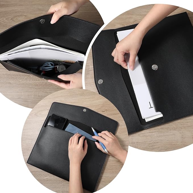 PU Leather A4 File Document Holder, A4 File Folder Waterproof Portfolio Envelope Folder Case with Snap Button Closure for Letter Size, Travel, Resume, Black
