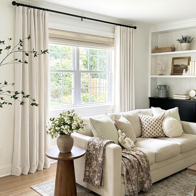 INOVADAY 100% Blackout Curtains for Bedroom, Beige White Black Out Curtains 84 Inch Long, Clip Rings Linen Blackout Drapes, Thermal Insulated Room Darkening for Living Room, 2 Panels - W50xL84
