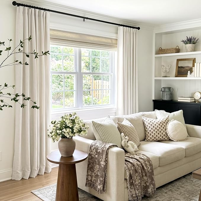 INOVADAY 100% Blackout Curtains for Bedroom, Beige White Black Out Curtains 96 Inch Long, Clip Rings Linen Blackout Drapes, Thermal Insulated Room Darkening for Living Room, 2 Panels - W50xL96