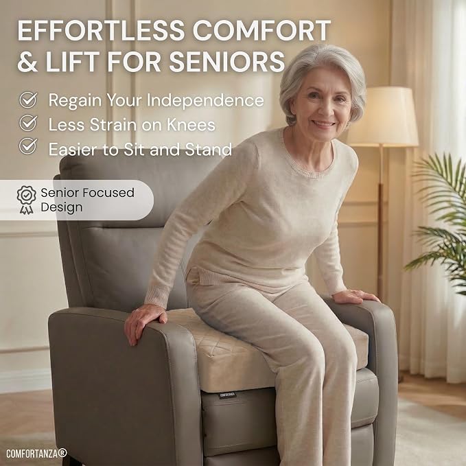 Medium-Soft 20x20x5 Memory Foam Recliner Chair Seat Cushion for Long Sitting - Armchair Pad with Washable Velvety Cover with Waterproof Layer & Non-Slip Base for Seniors & Elderly - Beige
