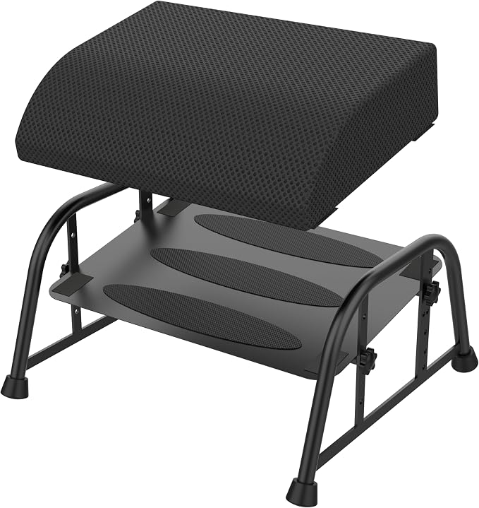 10-Level Adjustable Under Desk Footrest, XL Black Metal Frame | Ergonomic under desk leg rest or desk foot rest. Home computer heavy duty office chair foot stool for gamers,work(Black Plus)