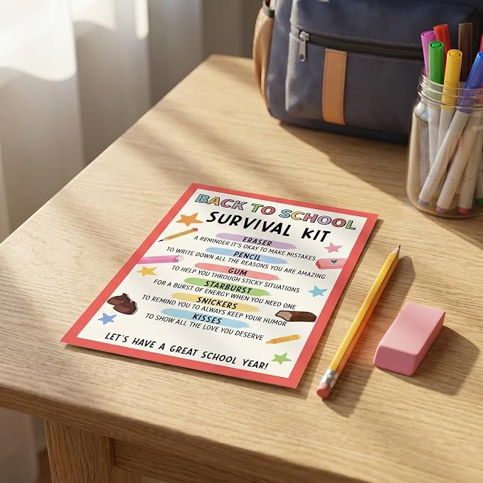 30 PCS Back to School Survival Kit,3.5x5 Inch Teacher Gift Insert Cards for Students,Back To School Student Treat Tags,First Day of School Classroom Welcome Supplies-BTSC03