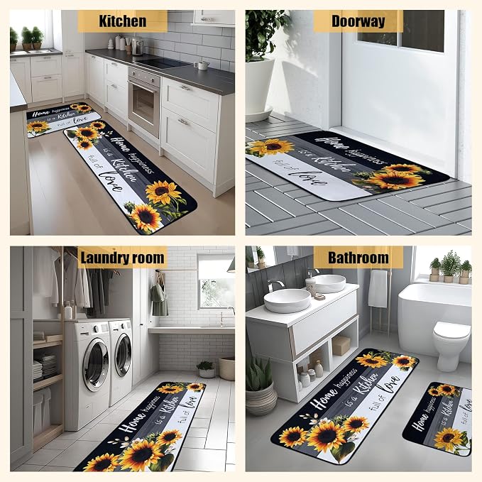 Voanos Sunflower Kitchen Rugs,Non Skid Washable Microfiber mats for Kitchen Floor, Black White Kitchen Cushioned Runner Rug Decor Sets of 2,Size 17"x 47"+17"x 30"