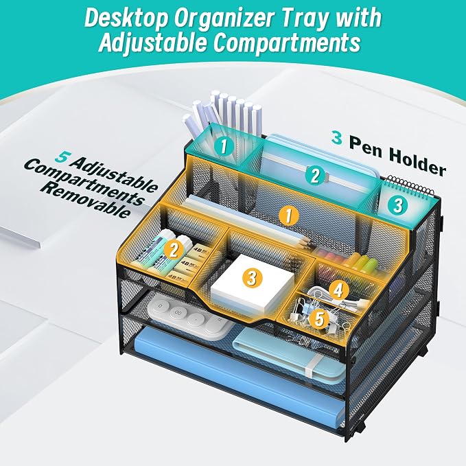 3 Tier Mesh Paper Desk Organizer with Pen Holders, Black | Features 3 pen holders, and 5 adjustable compartments for office school home desk storage