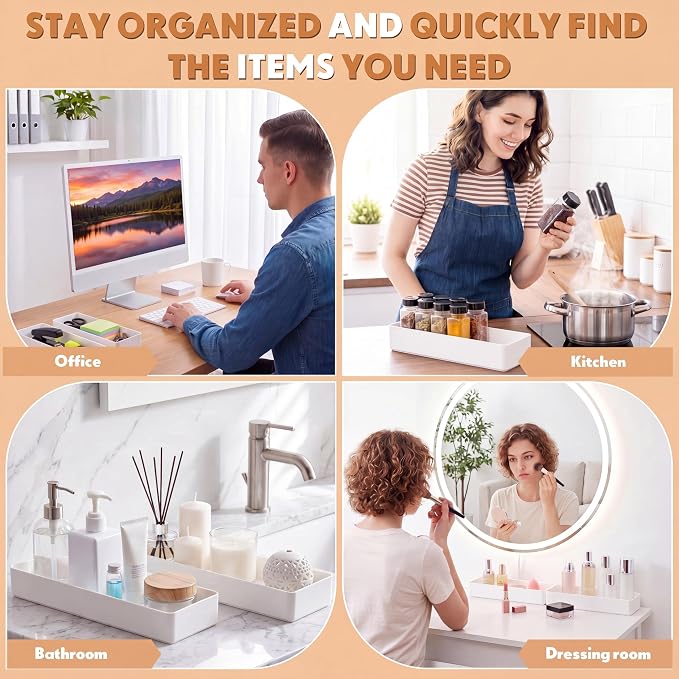 Teling 2 Pcs White Plastic Desk Organizer Tray Shallow Drawer Pencil Tray Tabletop Organizer for Office, Home, or Study 9.45x2.95x1.38 Inch
